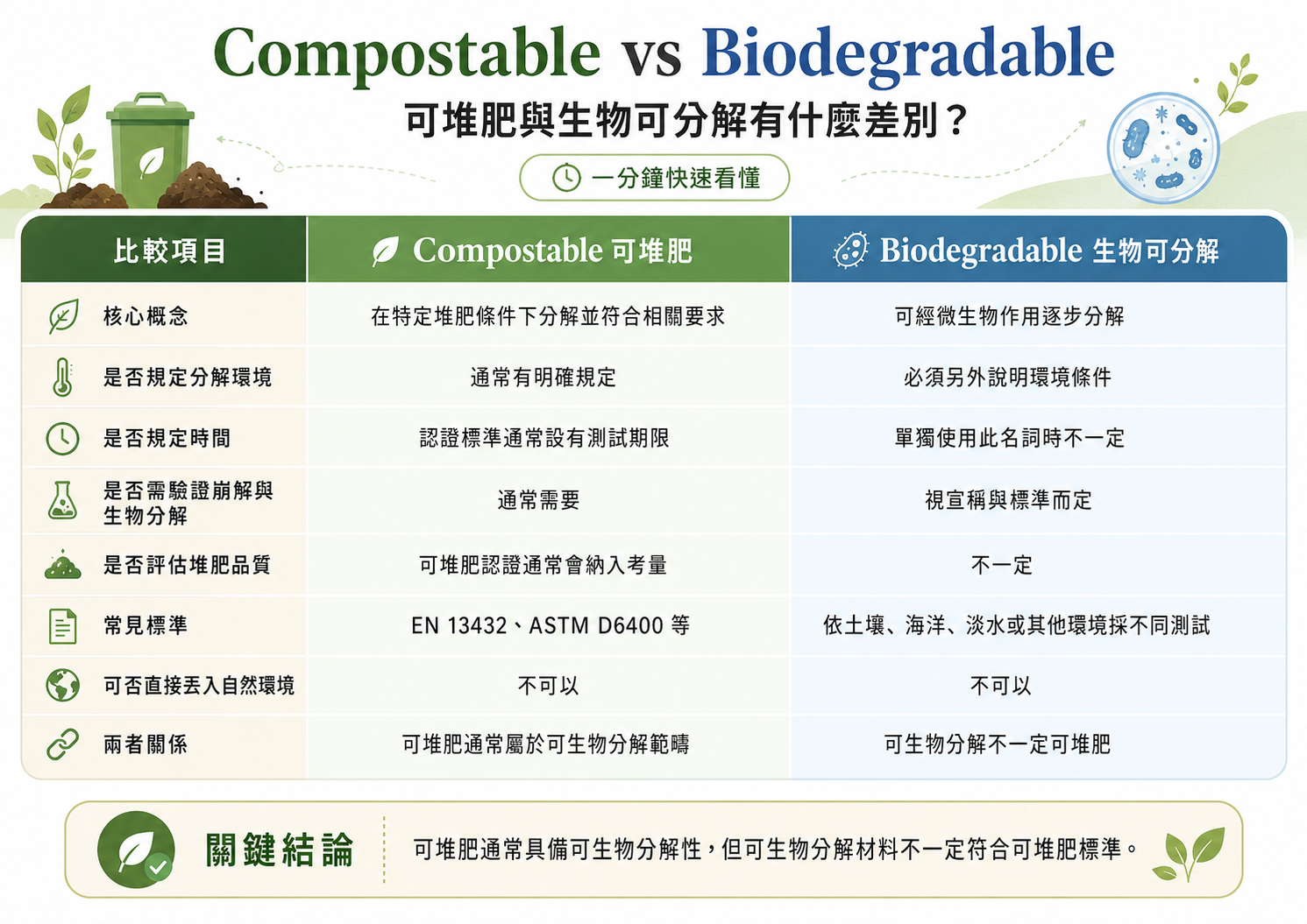 Compostable vs Biodegradable 比較圖,說明可堆肥與生物可分解材料在分解環境、時間、EN 13432、ASTM D6400、認證及應用上的主要差異。