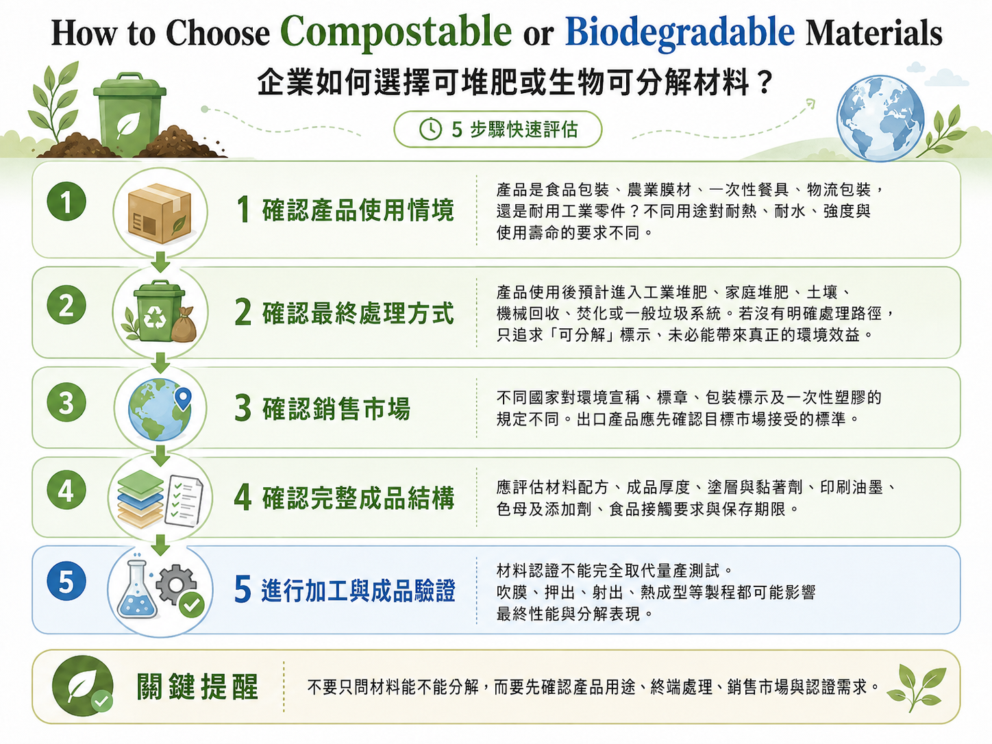 Compostable vs Biodegradable 比較圖:可堆肥與生物可分解材料差異,包括分解環境、認證標準、時間要求、EN 13432、ASTM D6400 與應用比較。
